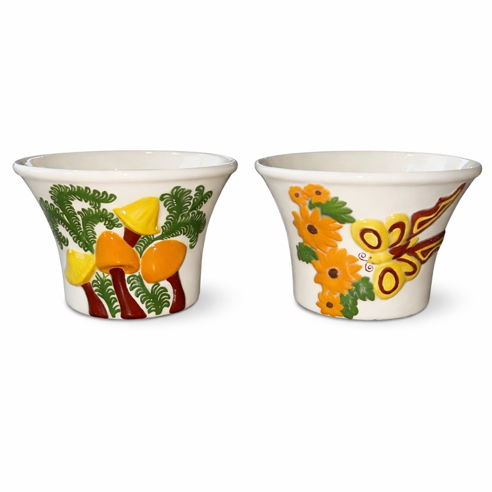 Vintage 1977 Handmade Ceramic Planters | Whimsical Folk Art Mushroom & Butterfly